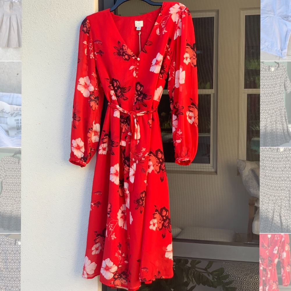 Long Sleeve Red Floral Dress. Chiffon. Waist Tie